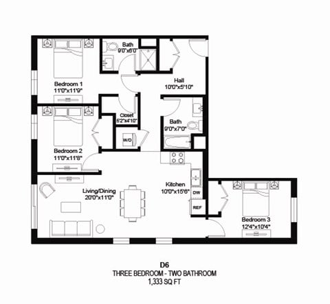 Floor plan for 3 beds, 2 baths, 1333 sqft